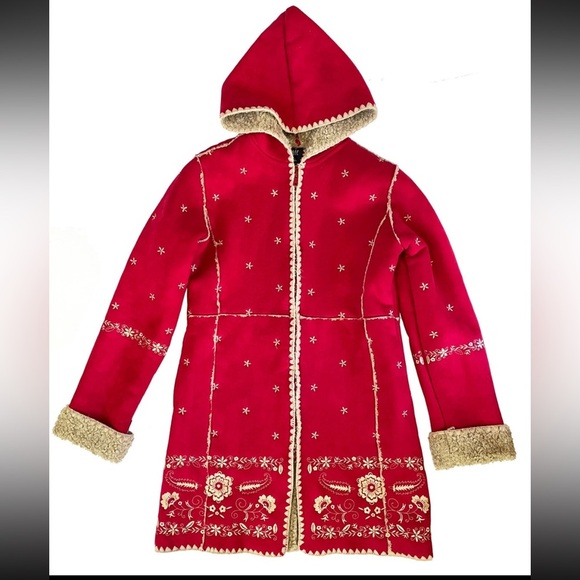 [Toddler 5Y]GAP Kids Hooded Coat Red Faux Suede Nordic Embroidered Shearling - Picture 1 of 11